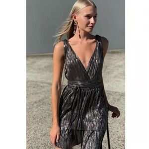 Sabina Musayev Dress Alma Plisse Mini Ruffle in Black Metallic